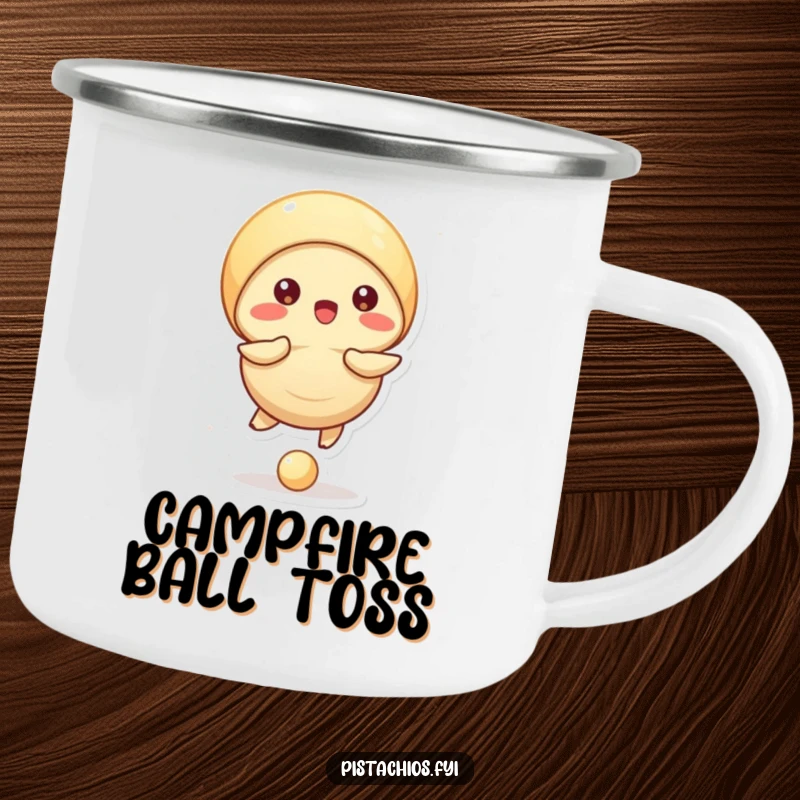 Funny camping mug with a pistachio character bouncing a ball with its shell, evoking playful outdoor skill.