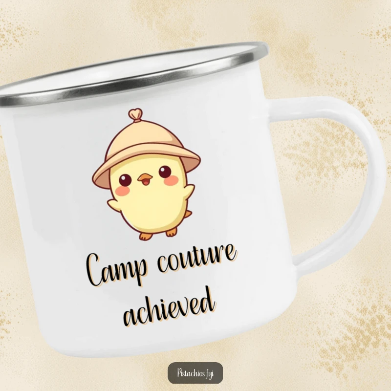 Funny camping mug with a pistachio character wearing a tiny hat, bringing dapper nutty humor to outdoor drinks.
