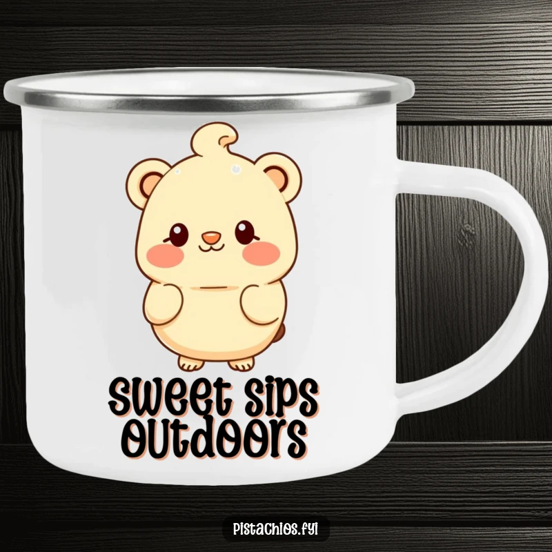 Funny camping mug showcasing a shyly smiling macadamia nut character, perfect for enjoying drinks outdoors.
