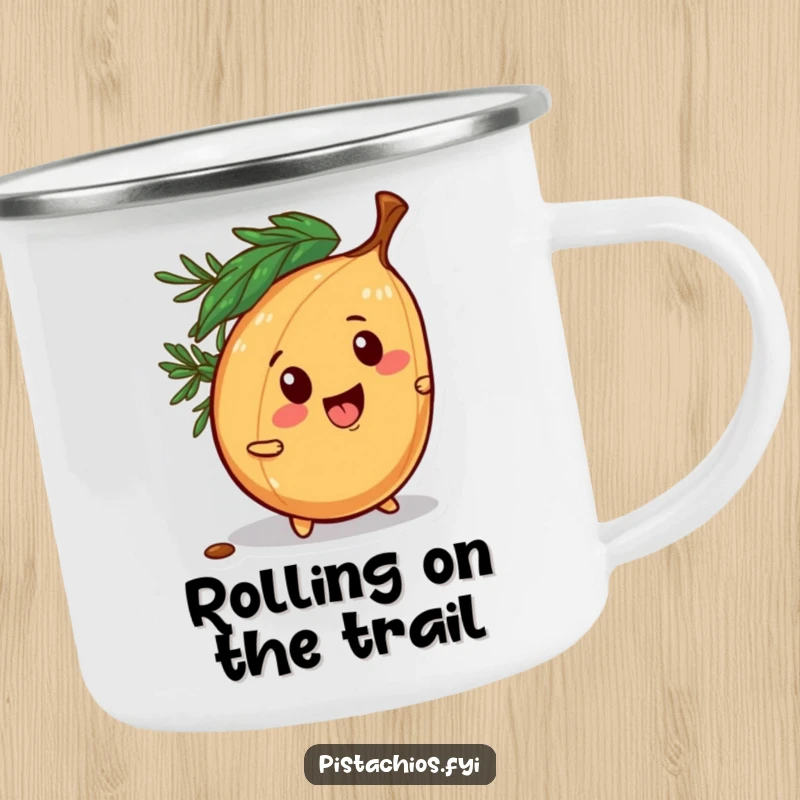 Funny camping mug showcasing a mischievous pine nut character rolling away playfully, perfect for enjoying drinks outdoors.