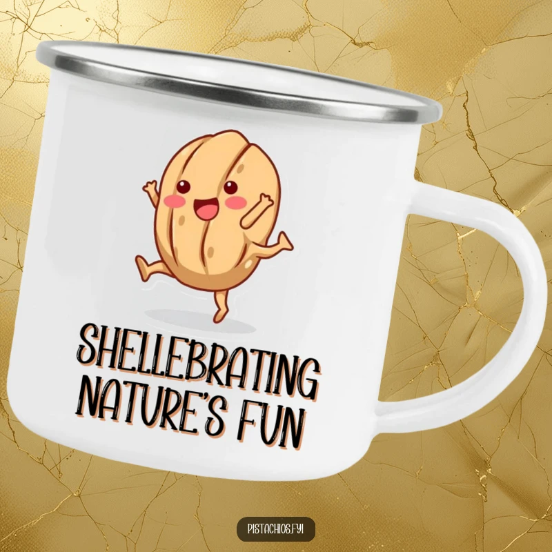 Funny camping mug showcasing a spirited walnut character performing a cartwheel with its shell, ready for outdoor fun.