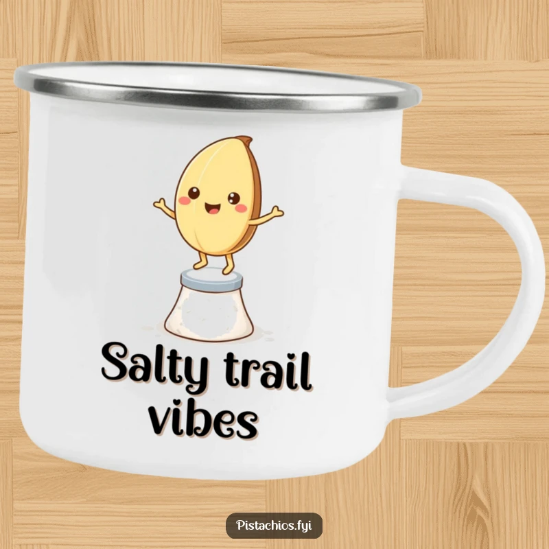 Funny camping mug: a happy pistachio nut dancing on salt crystals, great for outdoor enjoyment.
