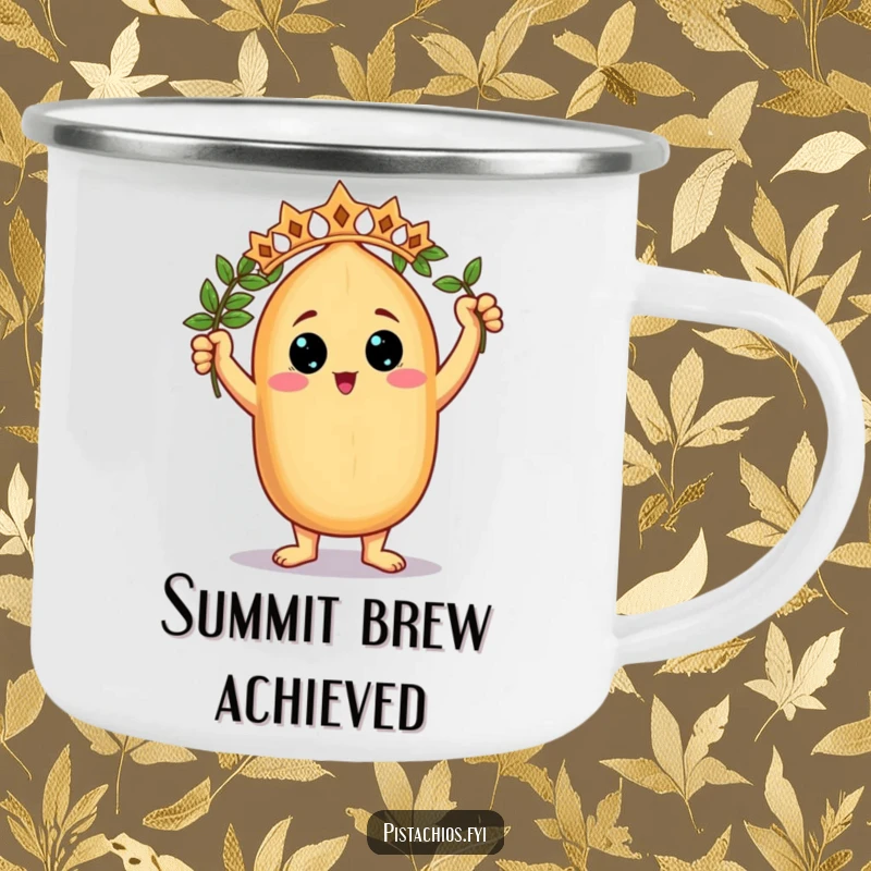 Funny Camping Mug: A triumphant nut character wearing a laurel wreath, designed for celebrating outdoor victories with durability and style.