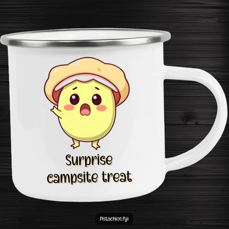 Funny camping mug shows a surprised pistachio character bursting open with pure delight, ready for outdoor fun.