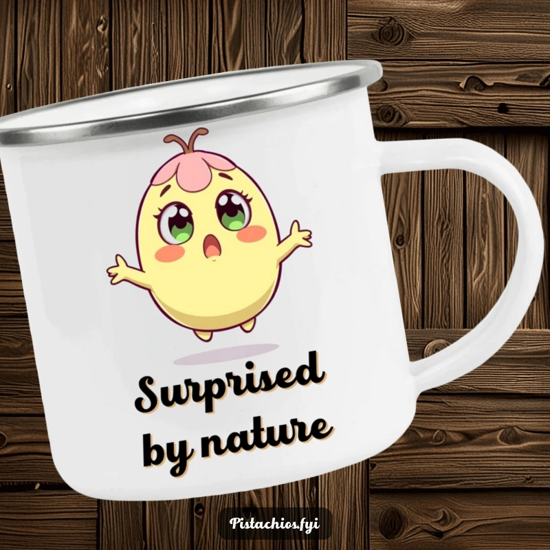 Funny camping mug with a surprised pistachio leaping, perfect for enjoying drinks outdoors with a humorous shock.