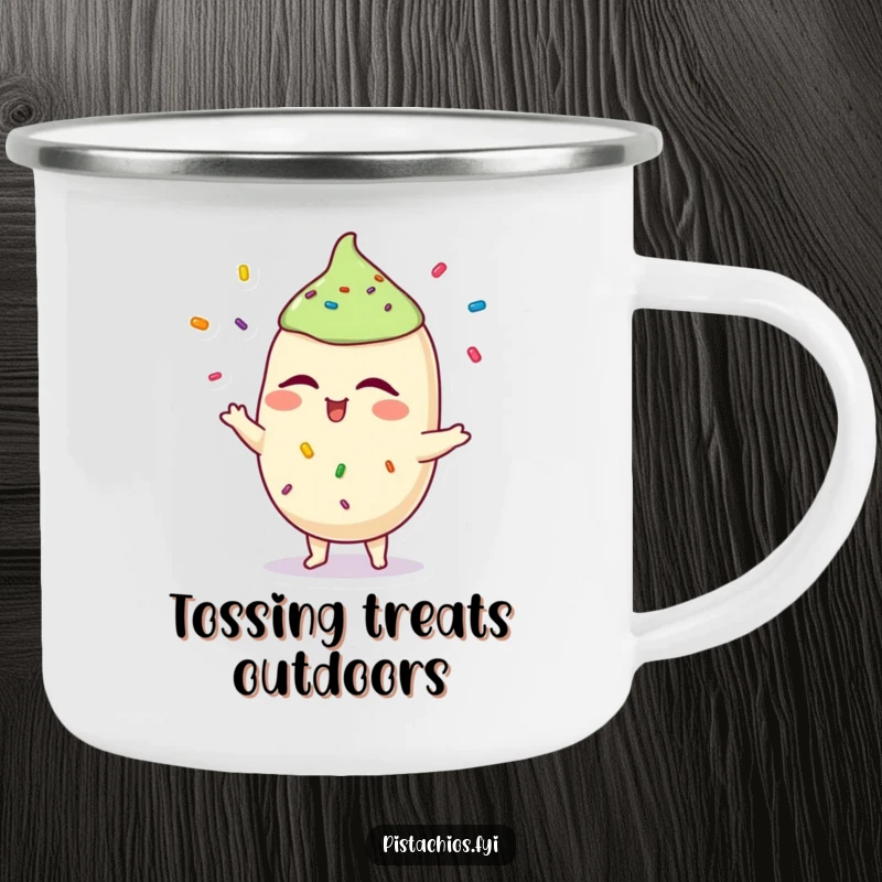 Funny pistachio camping mug featuring a winking character juggling sprinkles, perfect for outdoor use and playful humor. A great funny gift.