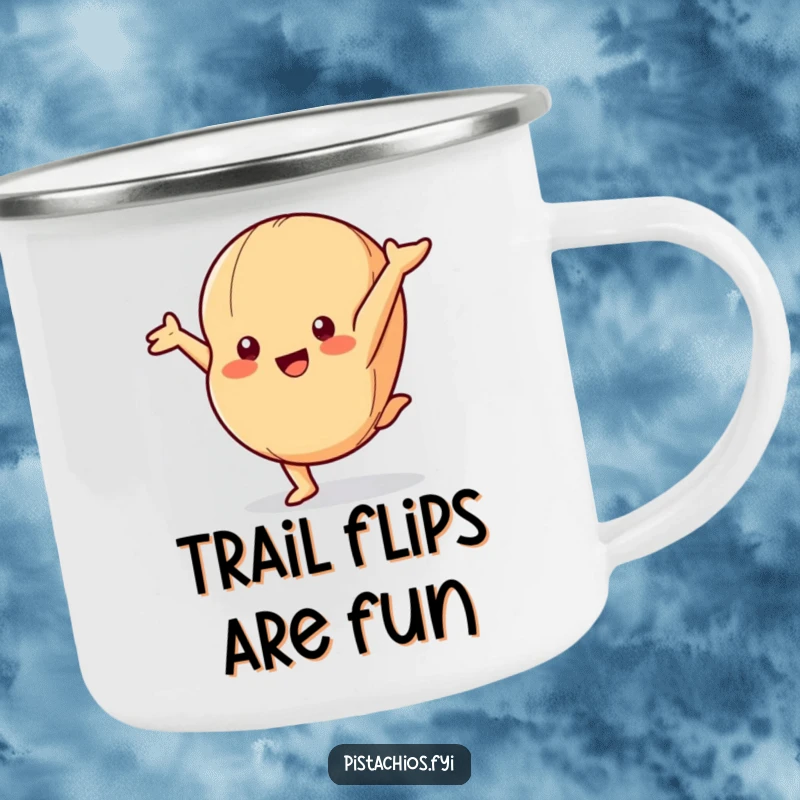 Funny Camping Mug: A Playful Macadamia Nut Character Doing a Cartwheel Under the Stars.