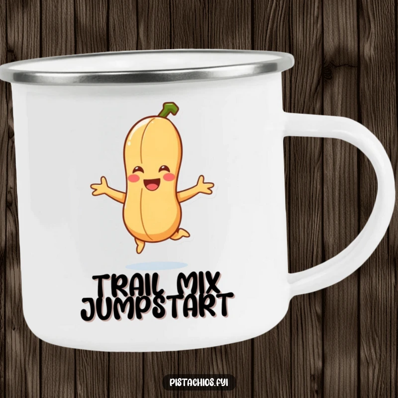Funny smiling peanut character doing a joyful jump on a camping mug, perfect for outdoor fun and humorous energy.