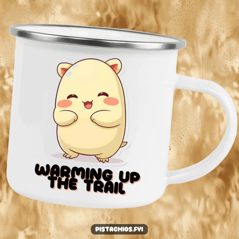 Funny camping mug depicting a chubby pistachio character in a silly stretch, perfect for outdoor enthusiasts who enjoy humor.