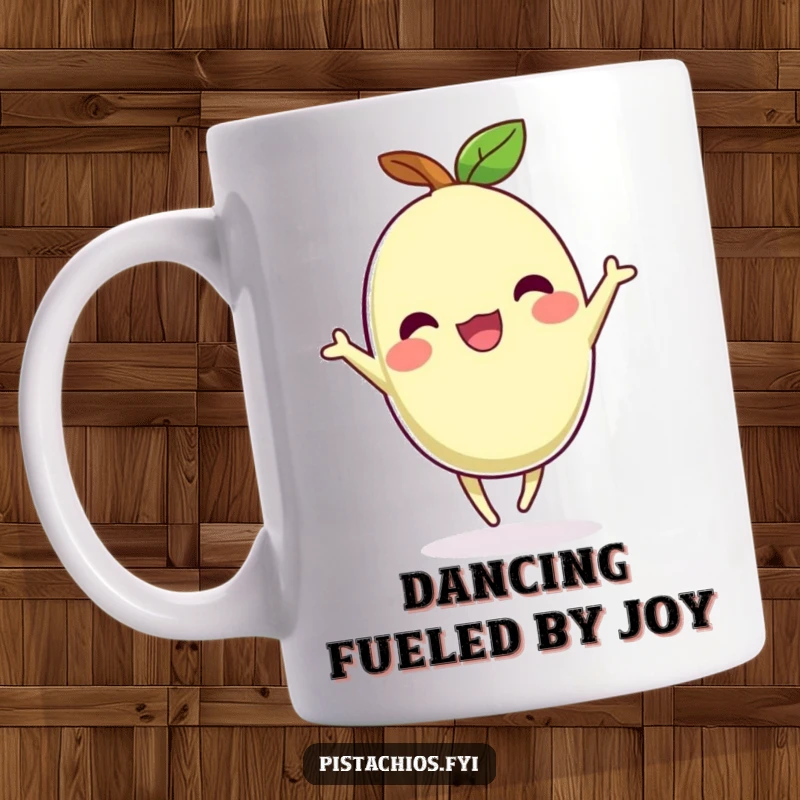 Funny mug depicting a joyful pistachio character happily dancing, spreading infectious positive energy.