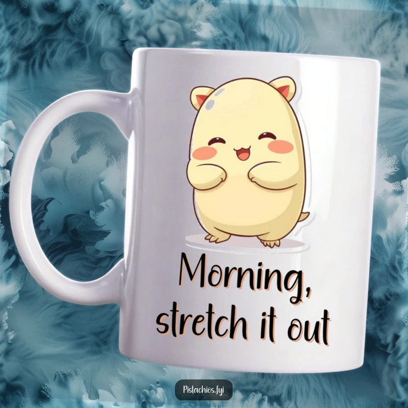 Funny mug showcasing a chubby pistachio character performing a silly, exaggerated stretch, radiating relaxed humor and flexibility.