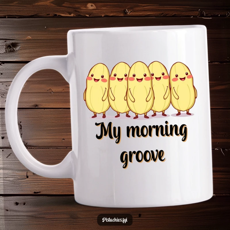 Funny conga line of smiling pistachios, one out of sync, on a mug.