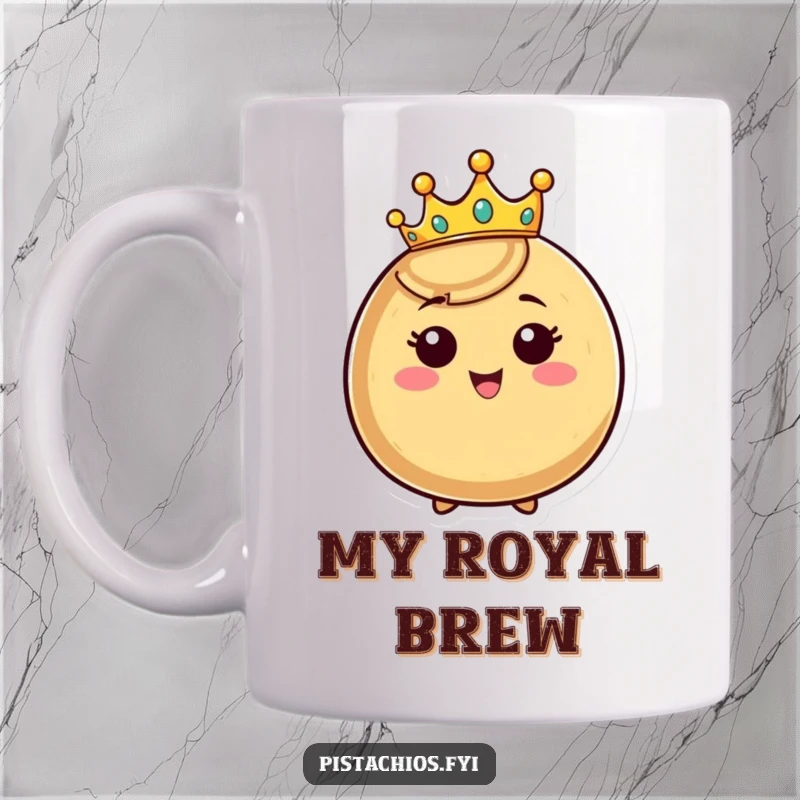 Funny crowned nut mug, happy nut character wearing a tiny crown and beaming, exuding confidence and joy.