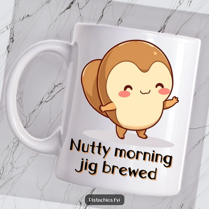 Funny, happy hazelnut character energetically dancing with joy on a smooth surface, depicted on a cheerful mug.