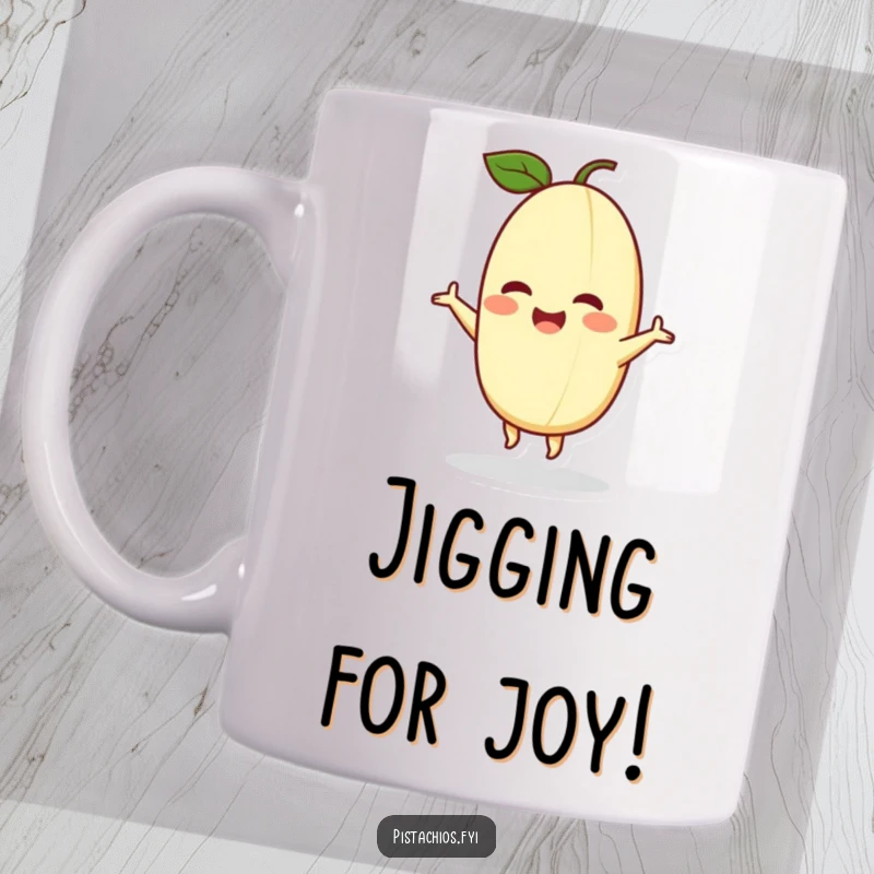 Funny mug showcasing a delighted pistachio character enthusiastically doing a happy little dance, radiating contagious joy and fun.