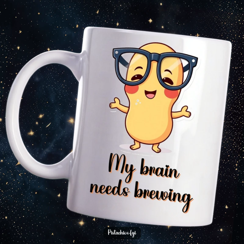 Funny mug featuring a giggling peanut character with large glasses striking a funny, silly pose, exuding pure playful joy.