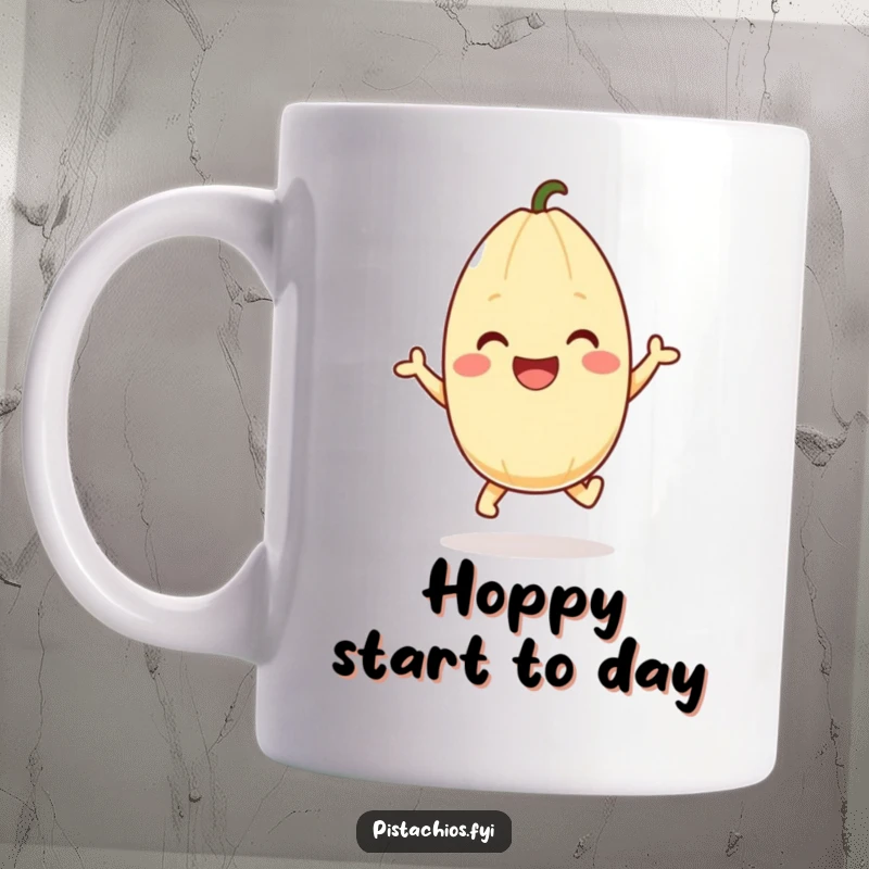 Funny pistachio mug featuring a happy character mid-hop, radiating pure joy and energy. A perfect funny gift for nut enthusiasts.