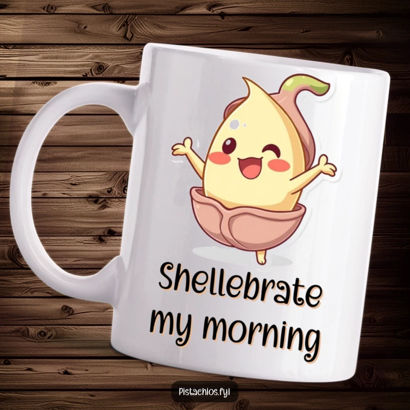 Funny jubilant pistachio nut character joyfully bursting out of its shell, conveying pure excitement and nutty humor.