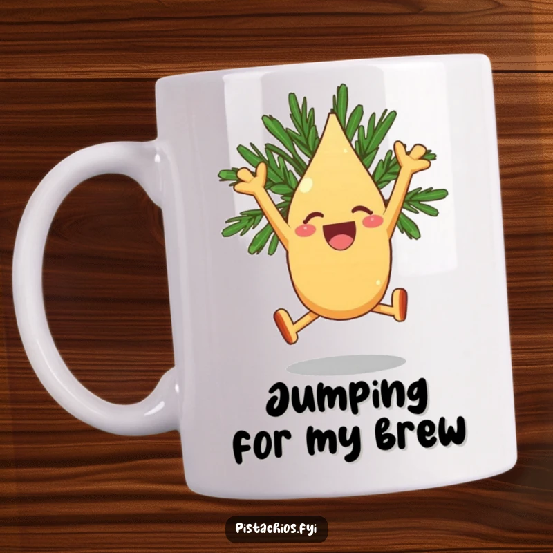Funny Mug: A Joyous Pine Nut Character Leaping High with Exuberant Excitement and Delight.