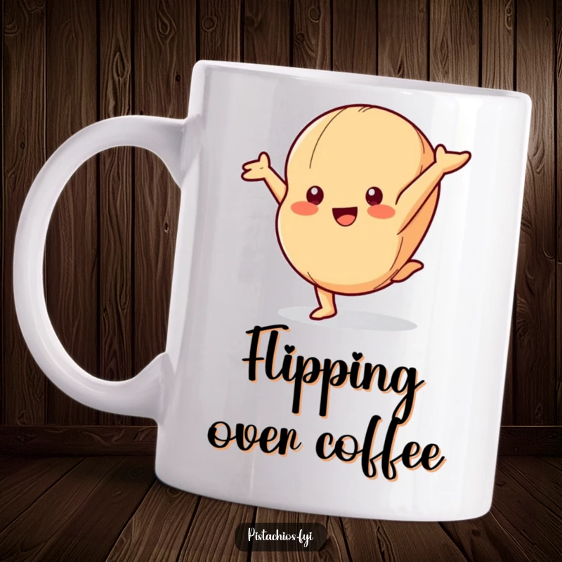 Funny Mug: A Playful Macadamia Nut Character Mid-Cartwheel with Joyful Acrobatics.