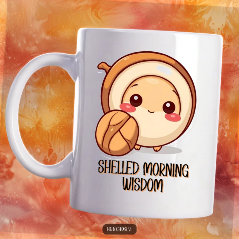 Funny Pecan Mug featuring a shy pecan character peeking out from behind a larger nut, symbolizing hidden charm and subtle humor.
