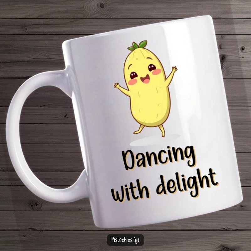 Funny mug featuring a cheerful pistachio character performing a silly, joyful jig with happy dance moves.