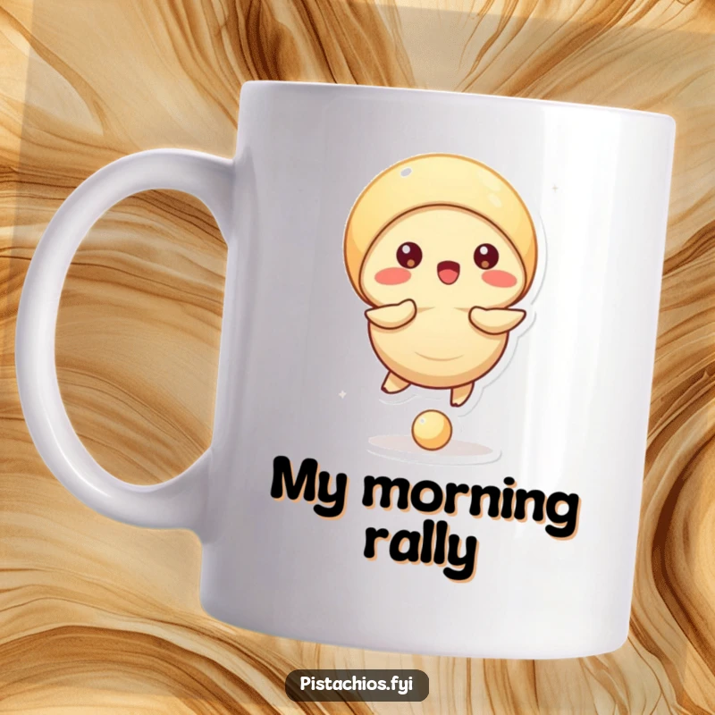 Funny mug showcasing a pistachio character skillfully bouncing a tiny ball using its own shell, with concentration.