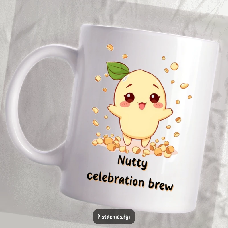 Funny mug showing a pistachio character joyfully throwing confetti shaped like little nuts, spreading festive cheer.