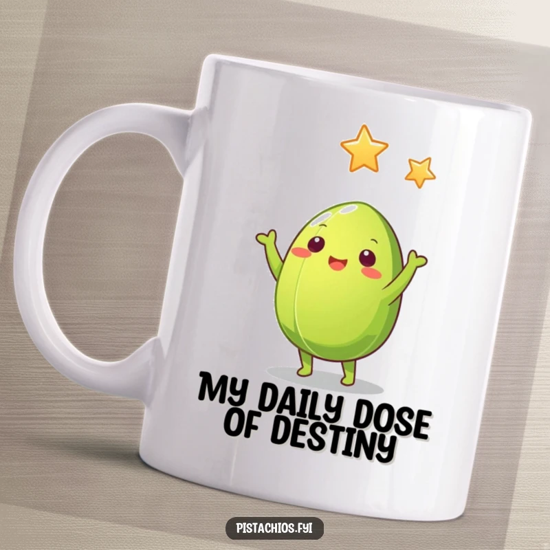 Funny Pistachio Nut Mug: Green pistachio nut with arms reaching for a golden star, spreading laughter and whimsy.