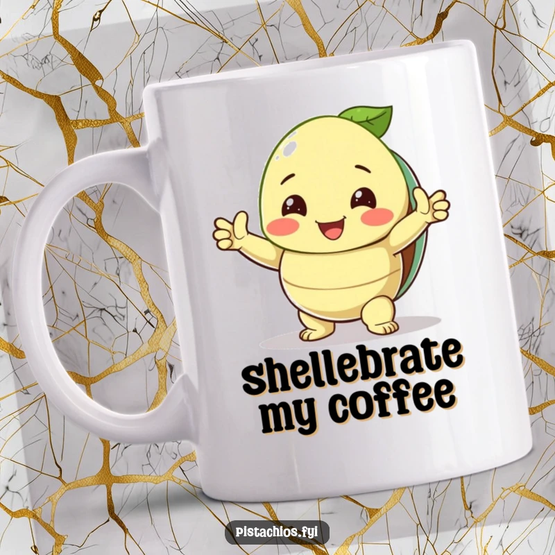 Funny Mug: A smiling pistachio strikes a triumphant pose with its shell open, celebrating a win humorously.