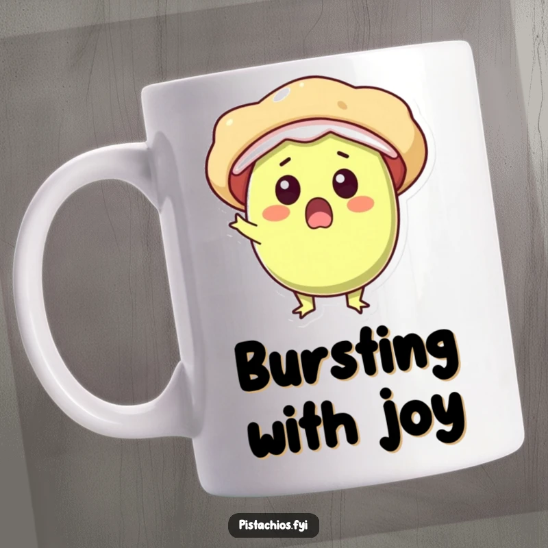 Funny mug shows a surprised pistachio character bursting open with pure delight and a joyful expression.