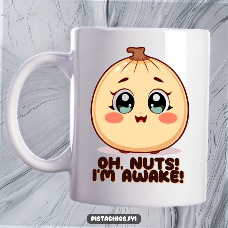 Funny Mug featuring a surprised nut character with wide, happy eyes and a cute blush, exuding joy.