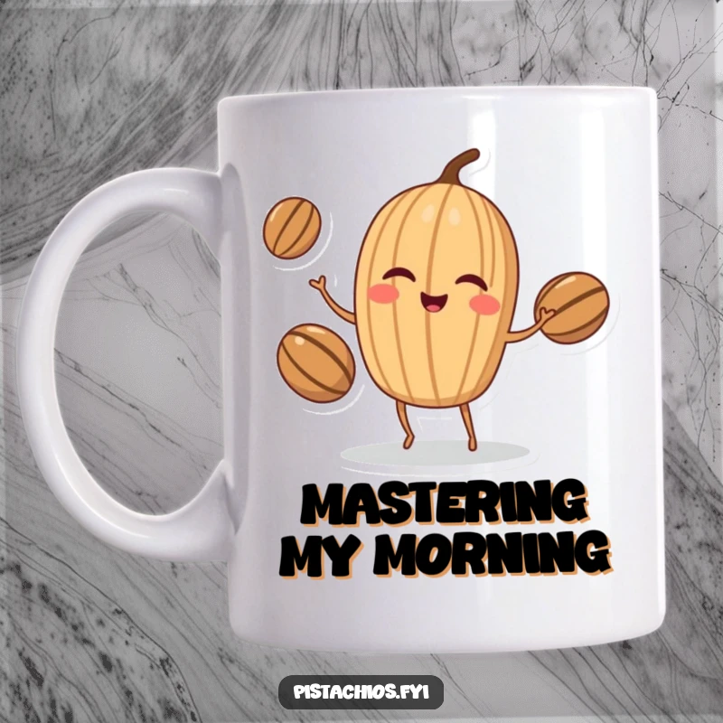 Funny Mug: Winking walnut character skillfully juggling three other nuts, displaying impressive dexterity and a mischievous, nutty personality.