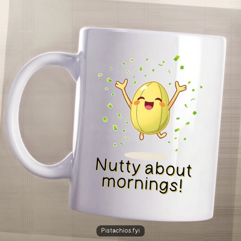 Funny mug with a cheerful pistachio nut leaping with joy surrounded by green confetti, conveying a sense of celebration and humor.
