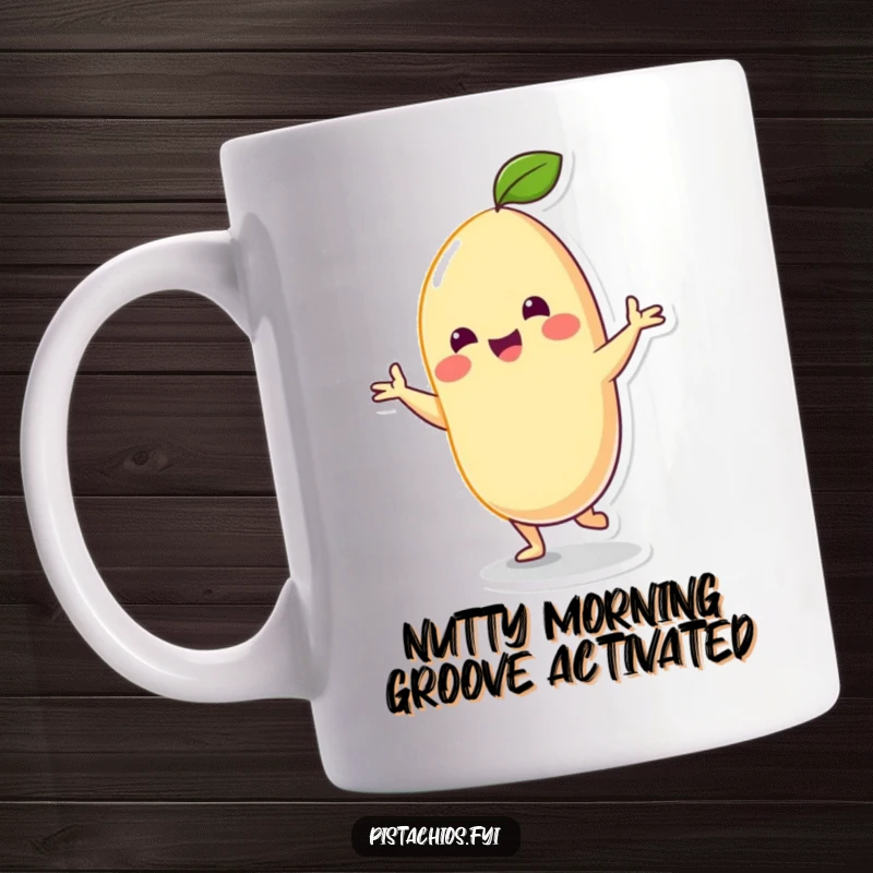 Funny Mug: Cheerful cashew character doing a wildly silly dance, radiating pure joy and nutty energy, guaranteed to make you laugh.