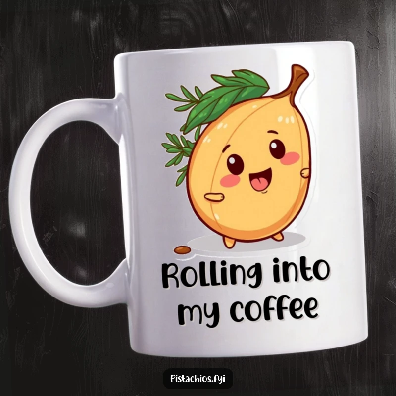 Funny mug featuring a mischievous pine nut character attempting a playful escape by rolling away, full of energy.