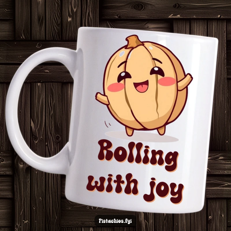 Funny mug featuring a giggling walnut character rolling joyfully, capturing an expression of pure, nutty glee and amusement.
