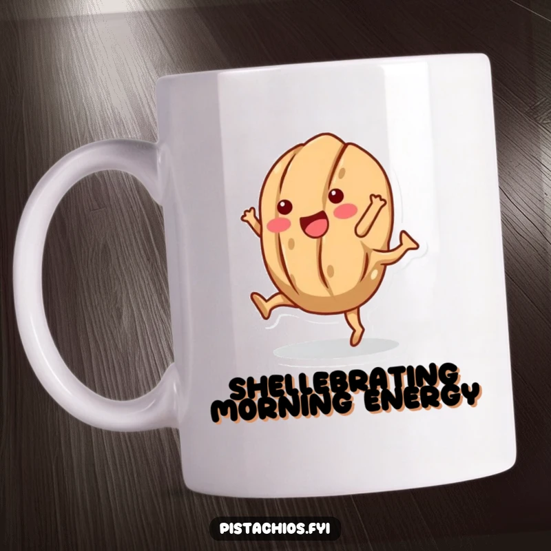 Funny mug featuring a joyful walnut character mid-cartwheel, shell intact, showcasing energetic and playful nutty moves.