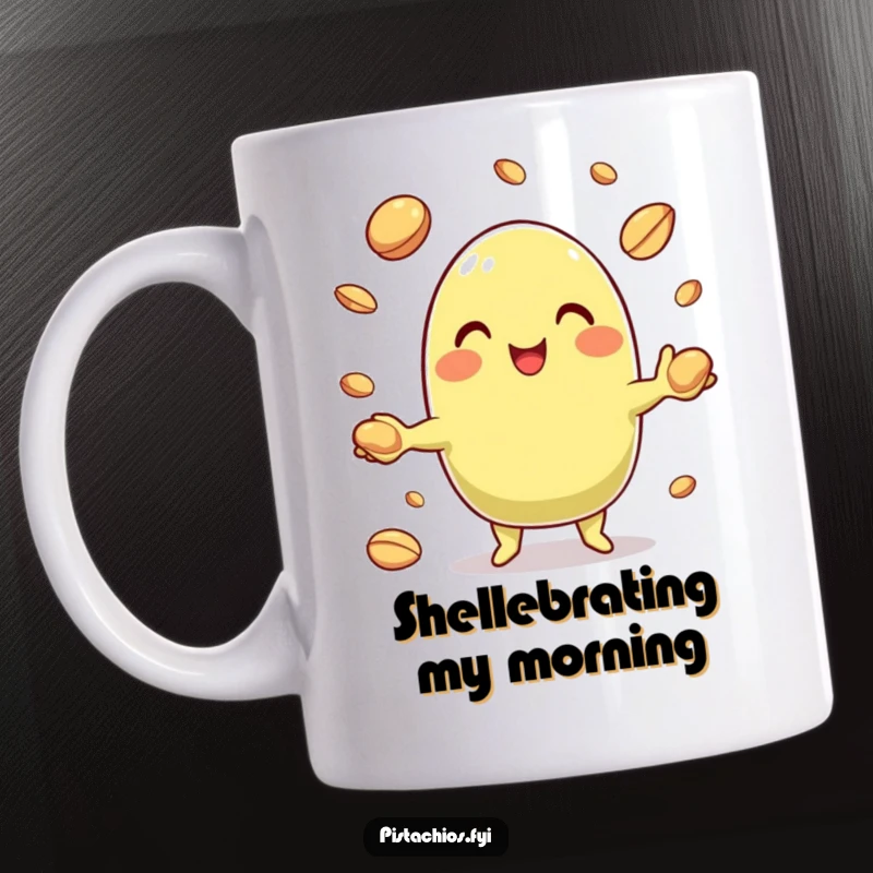 Funny Pistachio Mug showing a cheerful character gleefully juggling small nut shells, a delightful and humorous gift idea.