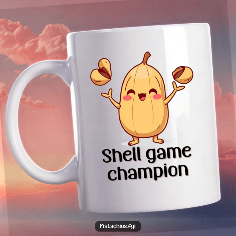 Funny Mug: A playful nut character skillfully juggling three tiny shells, showcasing impressive dexterity and a cheerful attitude.