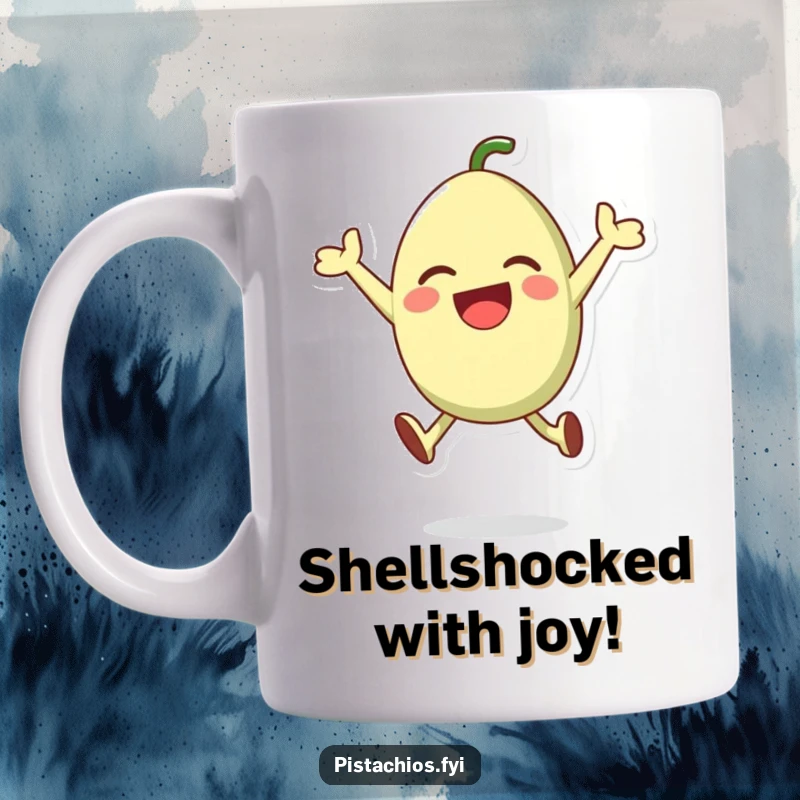 Funny mug featuring a happy pistachio character mid-air, leaping with pure excitement and joy, celebrating its nutty nature.