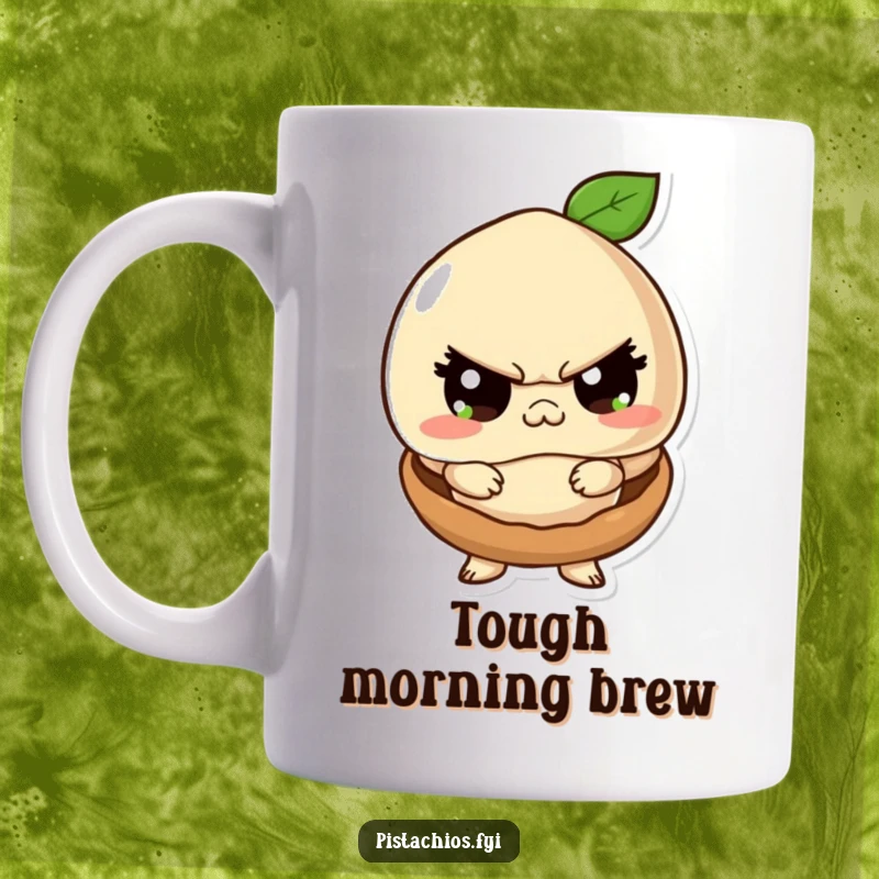 Funny mug depicting a playful macadamia nut character attempting to look tough while peeking out from its small protective shell.