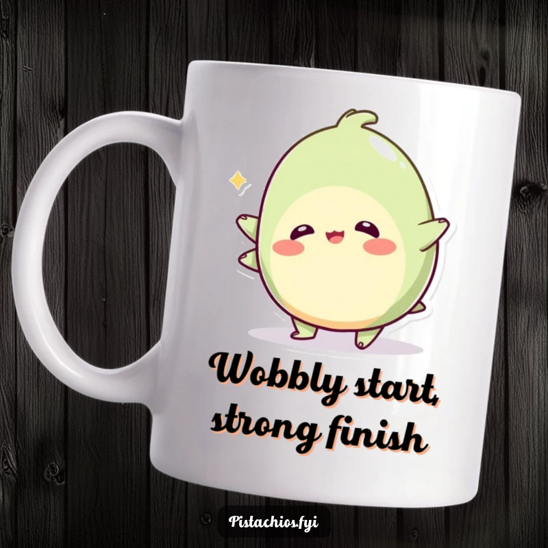 Funny mug showcasing a wobbly pistachio character in a playful wobble, radiating delightful instability and lighthearted humor.