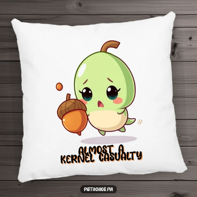 Funny pillow illustration of a surprised pistachio character comically dodging a falling acorn, perfect for adding humor to any room.