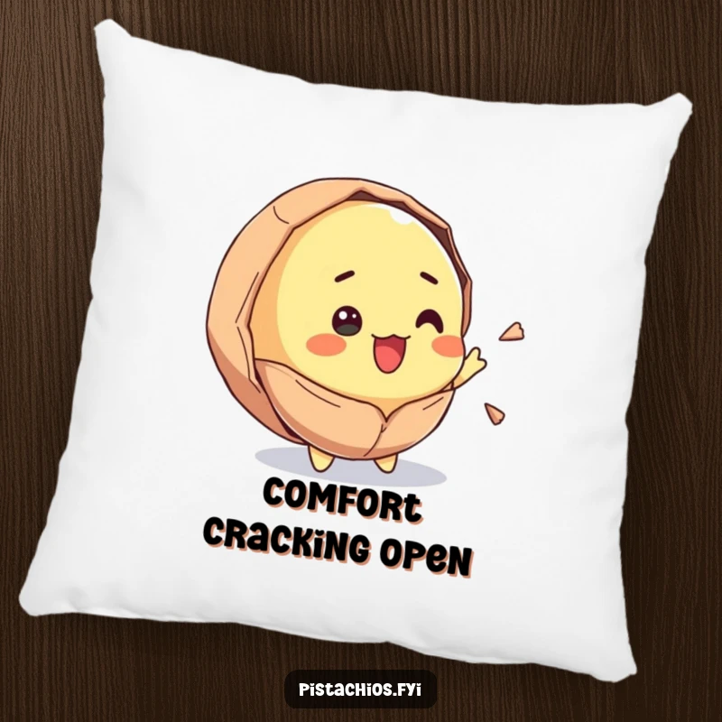 Funny pillow featuring a pistachio character cracking open with surprise and joy. Soft and humorous, this cushion adds a comical touch to any seating.