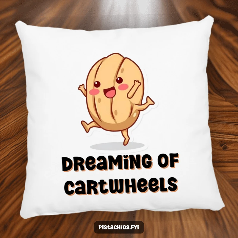 Funny pillow design showcasing a happy walnut character doing a cartwheel, shell intact, adding a humorous touch to decor.