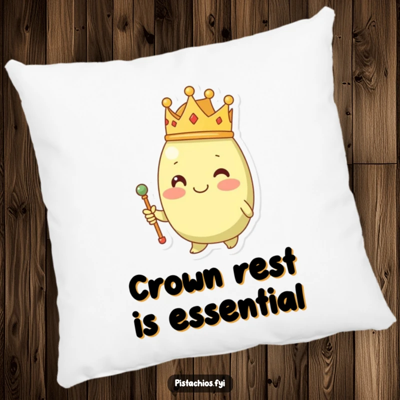 Funny pistachio wearing a crown and scepter, designed for comfort on a soft decorative pillow.