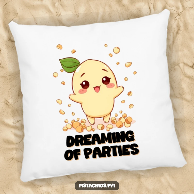 Funny pillow illustration of a pistachio character throwing confetti shaped like small nuts, perfect for adding festive humor.