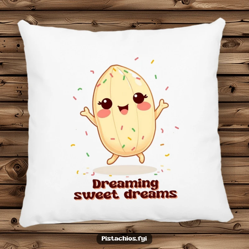 Funny pillow illustration of a delighted pistachio character dancing with colorful sprinkles, perfect for adding cheerful humor.