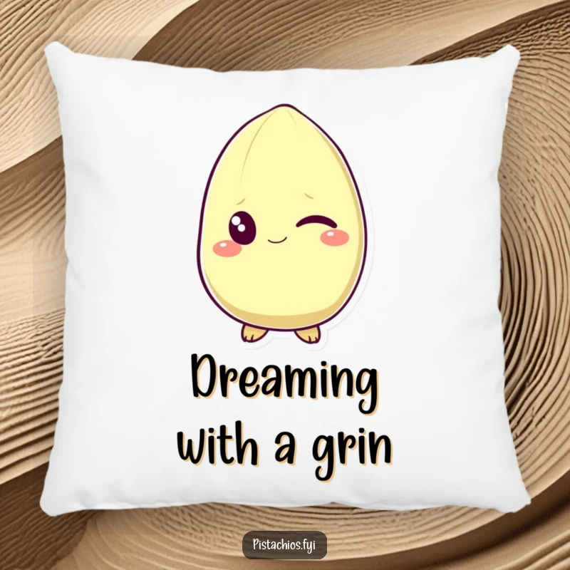 Funny pillow featuring a pistachio character winking with a grin. Soft and humorous, this cushion brings cheeky comfort and playful charm.